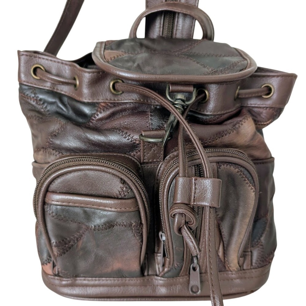 Small Brown Leather Patchwork Backpack Purse Boho… - image 2
